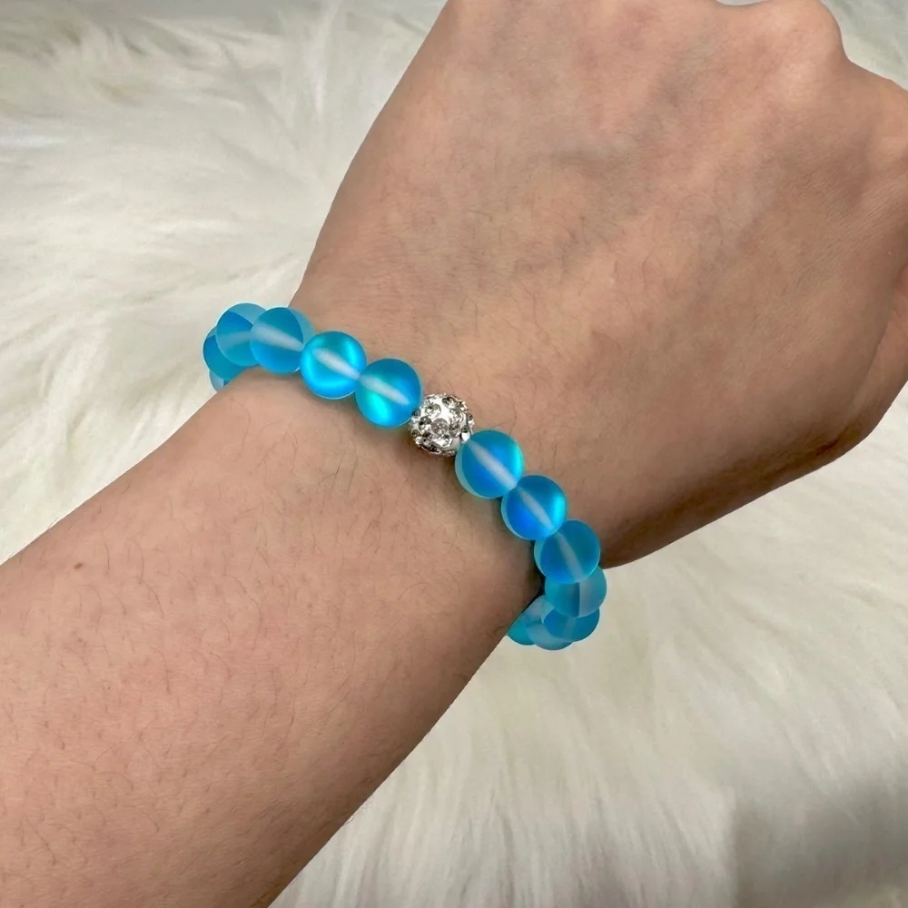Chic Blue Matte Moonstone Beaded Bracelet w/ Rhinestone
